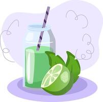 Green smoothie in bottle with straw resting on purple coaster with fresh limes and spinach vector