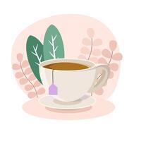 Steaming cup of tea brewing on a saucer with a floral background vector