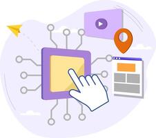 Hand pointing at microchip managing player website and location pin vector