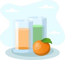 Two glasses filled with orange and green juice accompanied by a tangerine on a blue surface vector