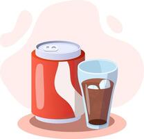 Refreshing soda in aluminum can and glass with ice cubes vector