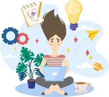 Young woman working from home using laptop generating creative ideas vector