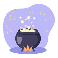 Cartoon style illustration of a magic potion boiling in a cast iron cauldron on fire vector
