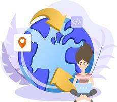 Software developer working remotely managing global project using laptop vector