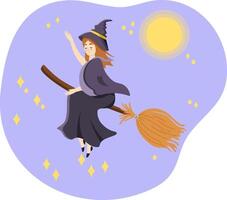 Young redhead witch flying on a broom under the full moon vector