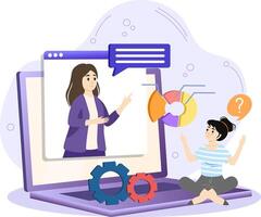 Businesswoman giving online presentation explaining charts and business strategy using laptop computer vector