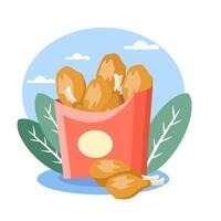 Crispy fried chicken legs overflowing from cardboard bucket vector