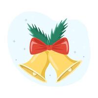 Two golden christmas bells ringing with red bow and pine branches vector