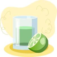 Glass of refreshing green juice with lime on yellow background vector