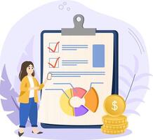 Businesswoman managing financial report with checklist and pie chart on clipboard for successful investment strategy vector