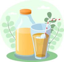 Refreshing orange juice in glass and bottle with ice and straw on green background vector