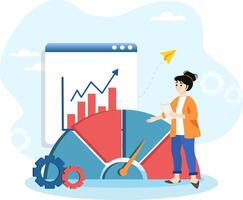 Businesswoman analyzing growing chart on speedometer with increasing arrow vector