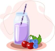 Healthy refreshing berry smoothie with straw in glass jar vector