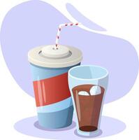 Paper cup with straw and glass with ice cubes containing soda is refreshing on hot summer day vector