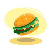 Delicious burger floating on yellow background illustration vector