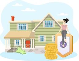 Woman sitting on insurance shield protecting her house with stack of coins vector