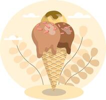 Delicious ice cream cone melting on sunny day with clouds and leaves vector