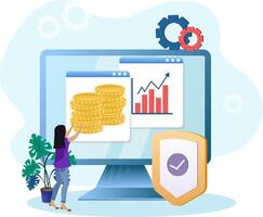 Woman managing finances online using secure platform with growing charts vector