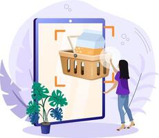 Woman using augmented reality app on smartphone for online grocery shopping vector