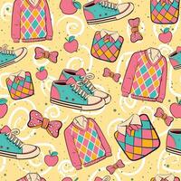 Seamless pattern with preppy elements, shoes, shirts, apples and girly ribbons with tartan motifs. Back to school repeat pattern vector