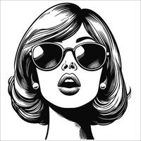 Retro vintage woman wearing sunglasses mouth slightly open close up face simple line art Comic Style black and white no background vector
