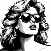 Retro vintage woman wearing sunglasses mouth slightly open close up face simple line art Comic Style black and white no background vector