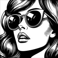 Retro vintage woman wearing sunglasses mouth slightly open close up face simple line art Comic Style black and white no background vector