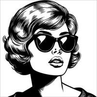 Retro vintage woman wearing sunglasses mouth slightly open close up face simple line art Comic Style black and white no background vector