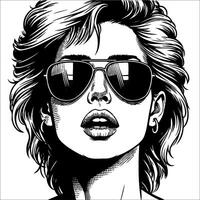 Retro vintage woman wearing sunglasses mouth slightly open close up face simple line art Comic Style black and white no background vector