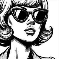 Retro vintage woman wearing sunglasses mouth slightly open close up face simple line art Comic Style black and white no background vector