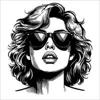 Retro vintage woman wearing sunglasses mouth slightly open close up face simple line art Comic Style black and white no background vector