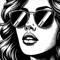 Retro vintage woman wearing sunglasses mouth slightly open close up face simple line art Comic Style black and white no background vector