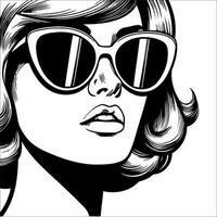 Retro vintage woman wearing sunglasses mouth slightly open close up face simple line art Comic Style black and white no background vector