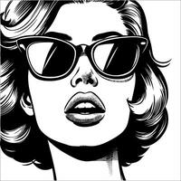 Retro vintage woman wearing sunglasses mouth slightly open close up face simple line art Comic Style black and white no background vector