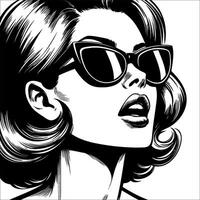 Retro vintage woman wearing sunglasses mouth slightly open close up face simple line art Comic Style black and white no background vector