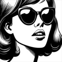 Retro vintage woman wearing sunglasses mouth slightly open close up face simple line art Comic Style black and white no background vector