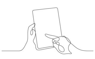 hand using tablet computer one line continuous drawing vector