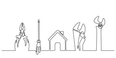 working tools craftsman top view continuous line drawing vector