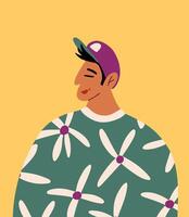 Portrait of happy latino american man in hippie t shirt print with daisies and cap. Illustration in cartoon style. vector
