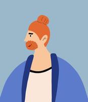 Portrait of bearded redhead man with head bun in casual outfits. Illustration in cartoon style. vector