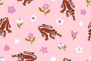 Seamless pattern with cute tigers and field flowers on the pink background. Perfect for wallpapers, web page backgrounds, surface textures, textile. Fashionable fabric design. vector