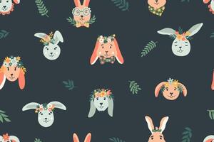 Easter seamless pattern with bunny, flowers and branches. Funny childrens rabbits for Easter decoration on dark background. Hand drawn Illustration for banner, fabric, wrapping, textile. vector