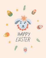 Card with rabbit, eggs and flowers for Easter. Hand drawn illustration in cute advent, greeting card, banner, t shirt, print, decoration. vector