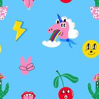 Groovy seamless patterns. Cartoon funky print with unicorn, cactus, cowboy, tongue, cherry. Retro 70s background. illustration for wallpaper, factory, packaging, textile. vector