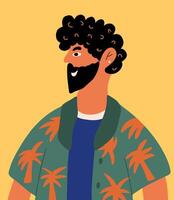 Portrait of a bearded happy man in a Hawaiian shirt with palm trees. Illustration in cartoon style. vector
