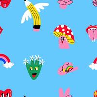 Groovy seamless patterns. Cartoon funky print with mushroom, rainbow. Retro 70s background. Illustration for wallpaper. vector