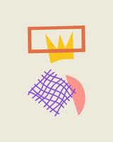 Poster with abstract shapes. Geometric element crown, rectangle, grid, semicircle. Groovy contemporary illustration for poster, kids, decoration, print, social post and stories. vector