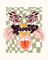 Hipster retro chess pattern with tiger and banana, palm leaves. A collection of groovy cliparts from 70s, 60s. Abstract design of cartoon stickers. Trend illustration. vector