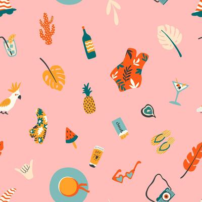 Summer beach seamless pattern with hat, palm tree, pinaple, cockatoo, swimsuit, ice cream, lemonade. Hawaiian style. Surf print for paper, cover, fabric, interior decor.