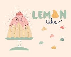 Cute lemon cake with meringue on background. vector